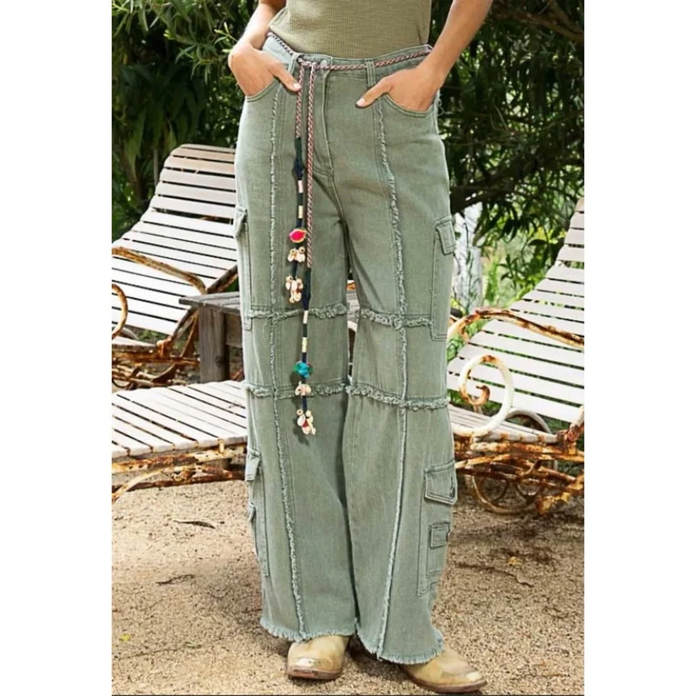 POL Army Green Frayed Edge Utility Jeans Relaxed Fit - Picture 7 of 14